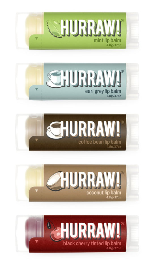 Hurraw! Lip Balms: Staff Favorites, 5 Balm Bundle Pack – Mint, Earl Grey, Coffee Bean, Coconut, Black Cherry (Sheer Red Tint). Organic, Certified Vegan, Cruelty & Gluten Free. All Natural. Made in USA