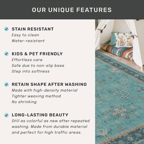 Boho Non-Slip Kitchen Runner Rug - Machine Washable Vintage Carpet in Floral Aqua Blue (2x8 ft)
