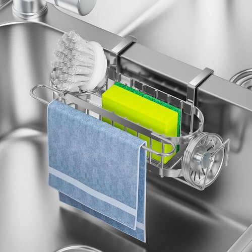 Cisily Silver Kitchen Sink Caddy - Stainless Steel Sponge Holder & Organizer | 2 Installation Options