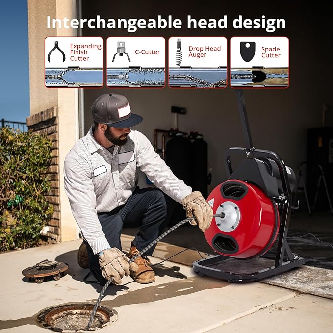 Garvee K-300F 1/2 in 50 ft Red & Black Electric Drain Cleaner Machine - Automatic Auger for 1 to 4 in Pipes, Portable Design, 4 Cutters, Foot Switch Control, and Includes Gloves.