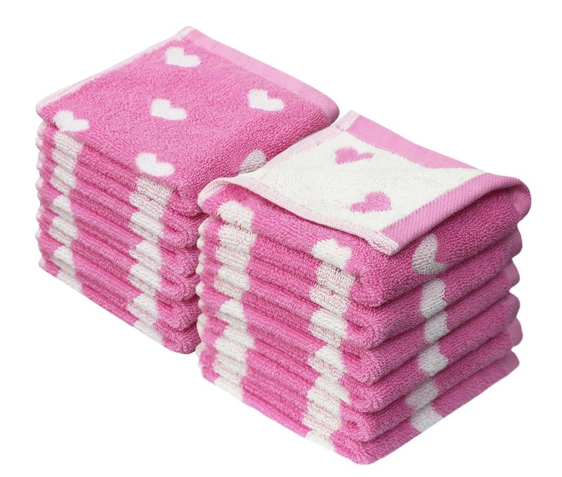 ORIGINAL KIDS Wash Cloth - Bath Time Hearts 12 Pack Washcloth Set - 100% Cotton Jacquard Colorful Absorbent Quick Dry Face Towel - Super Soft Face Cloth 12x12 inches - Pink White
