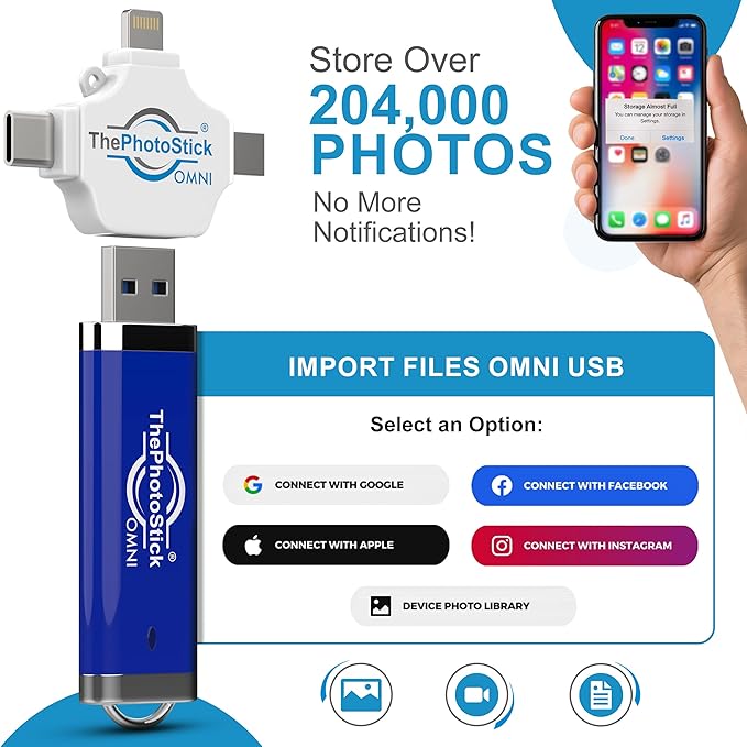 ThePhotoStick® Omni 256GB USB Flash Drive & Memory Stick – Automatic Photo & Video Backup for iPhone, Android, Mac & PC – Multiport Connection to Easily Store & Transfer Files