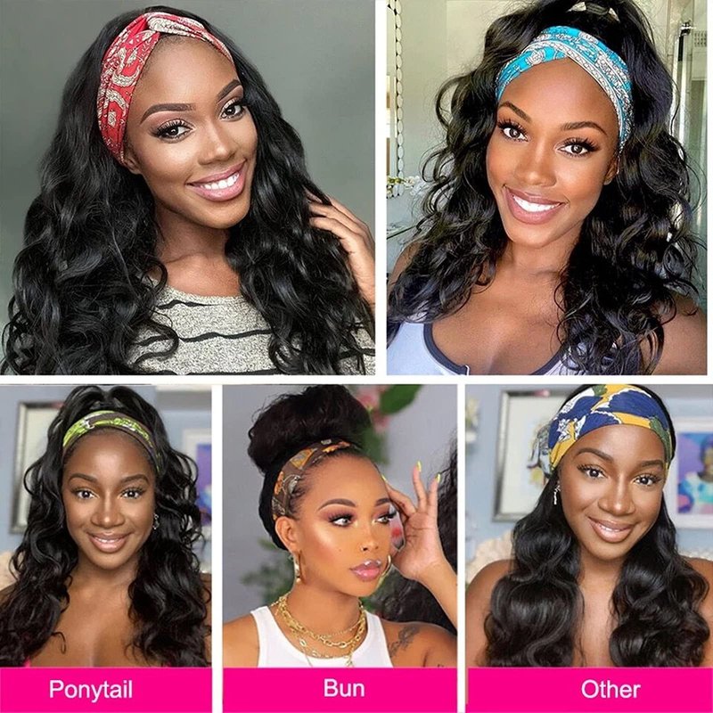 Headband Wigs for Black Women Human Hair Body Wave Headband Wig Human Hair 9A Brazilian Virgin Hair None Lace Front Wigs Human Hair Wear and Go Glueless Half Wigs 150% Density (14" Headband wigs)
