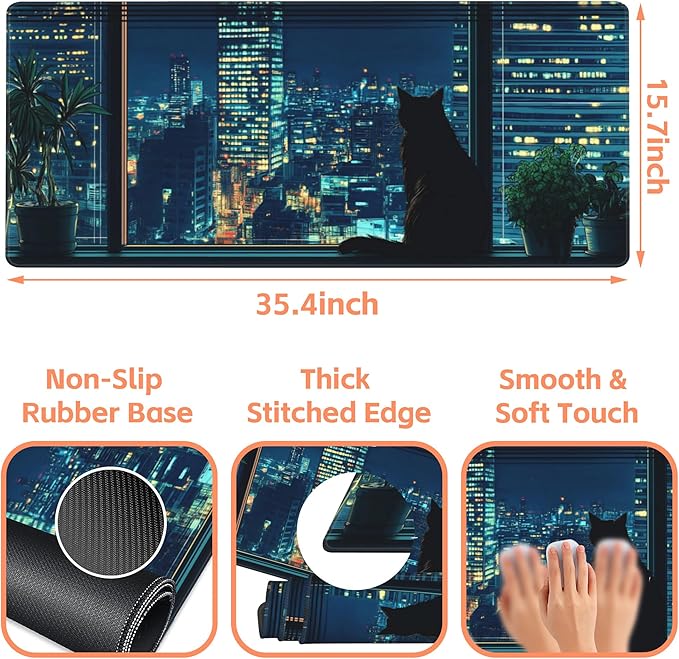NIYLYNSYN Mouse Pad Large Black Cat Non-Slip Gaming Desk Mat with Stitched Edge Laptop Keyboard Desk Pad for Work Home Gaming (35.4 x 15.7 Inches)