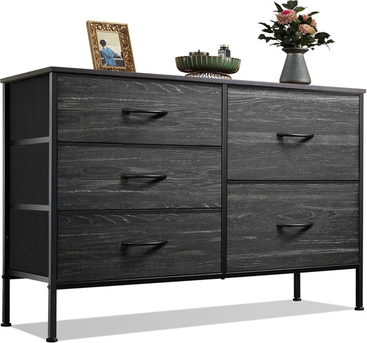 WLIVE Dresser - 5 Drawer Chest with Organizers | Stylish Fabric Storage for Bedroom & Living Room - Charcoal Black