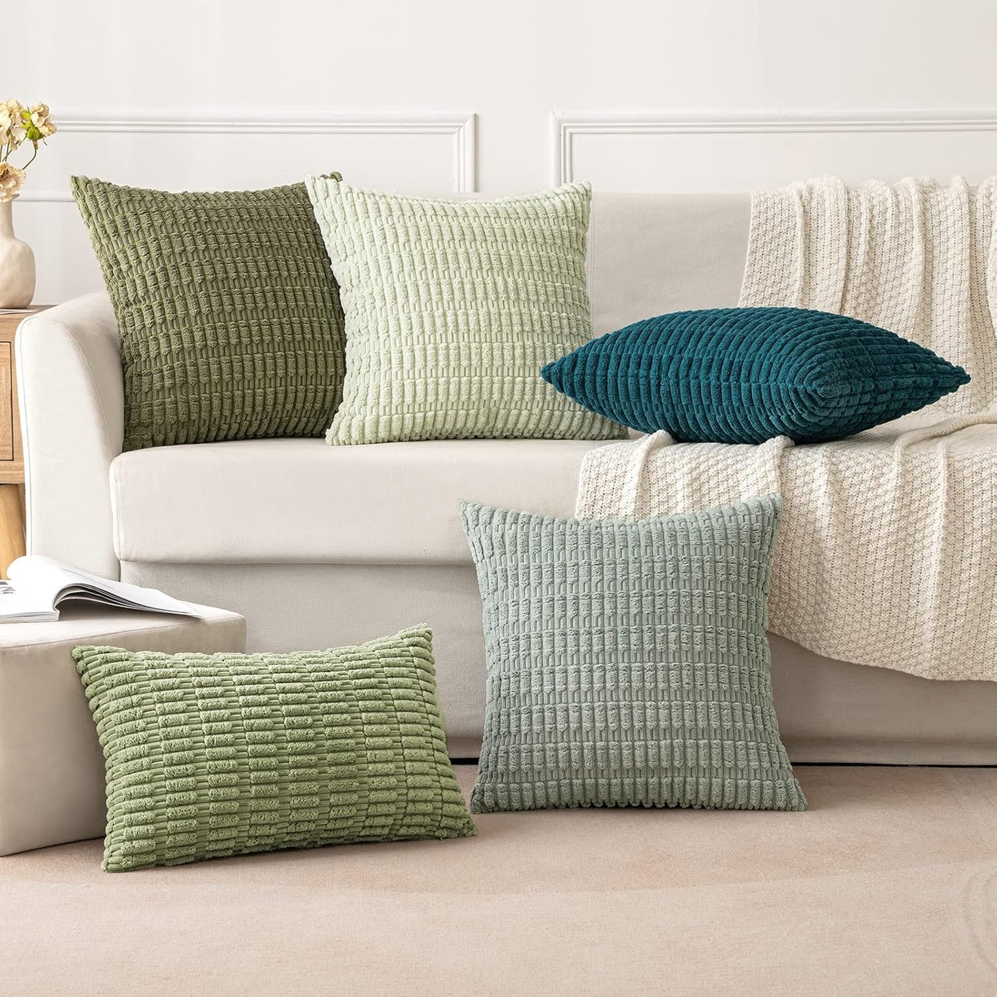 MIULEE Decorative Throw Pillow Covers - Soft Boho Striped Corduroy | Pack of 2, 16x16 Inch, Sage Green