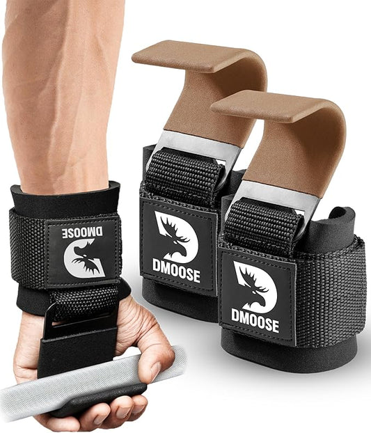 DMoose Weight Lifting Hooks (Pair), Hand Grip Support Wrist Straps for Men and Women, 8 mm Thick Padded Neoprene, Deadlift, Powerlifting, Pull up bar, Liftups, Shrugs (Brown)
