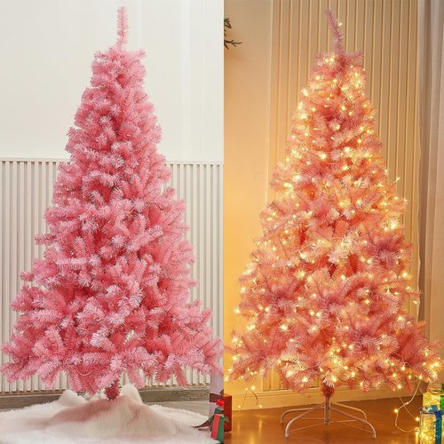 Juegoal 6 FT Artificial Christmas Tree - Spruce Hinged Design with 300 LED Warm White Lights | 8 Lighting Modes, Pink