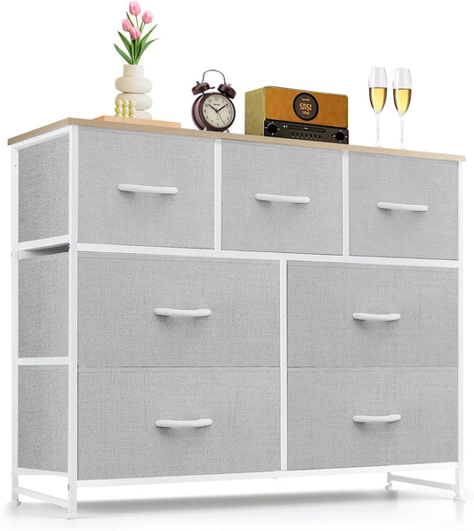 Skiennix 7-Drawer Dresser - Anti-Tip Fabric Storage Organizer with Wooden Top | Light Gray Finish