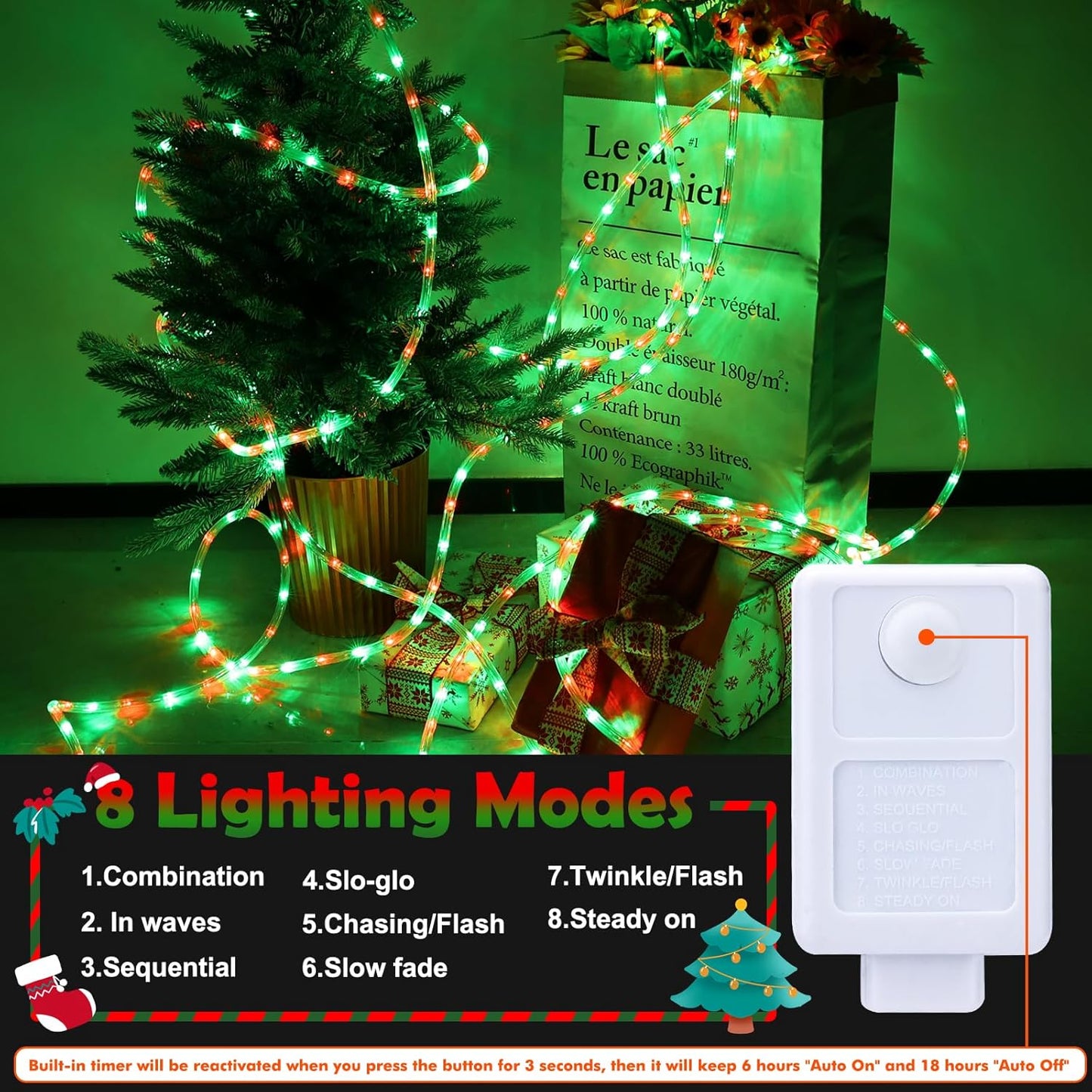 Skiennix 50ft LED Rope Lights - Waterproof, Flexible Tube Lighting with 8 Modes | Red & Green for Outdoor Decor