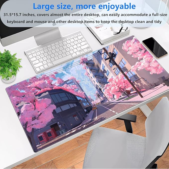 Cindasun Japanese Cherry Blossom Mouse Pad, Pink Cute Desk Mat Extended XL Large Full Desk Gaming Mousepad 31.5''X15.7'' Computer Laptop Desk Pad Keyboard and Mouse Mat for Office Desktop Decoration