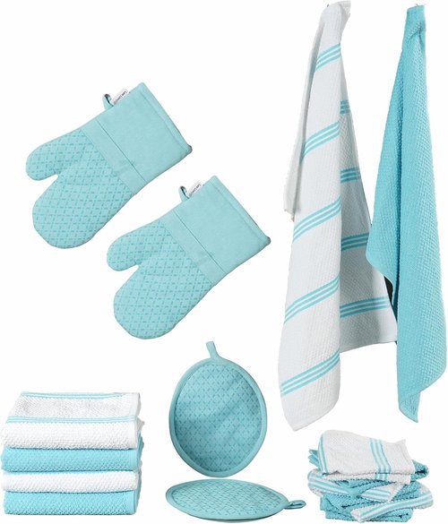 Lane Linen 16-Piece Kitchen Towel Set | Heat Resistant Oven Mitts & Pot Holders, Absorbent Dish Cloths - Aqua