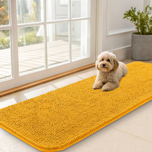 OLANLY Dog Door Mat - Absorbent Non-Slip Mud Mat for Muddy Paws | 59x20 Inches, Quick Dry Chenille, Golden Yellow
