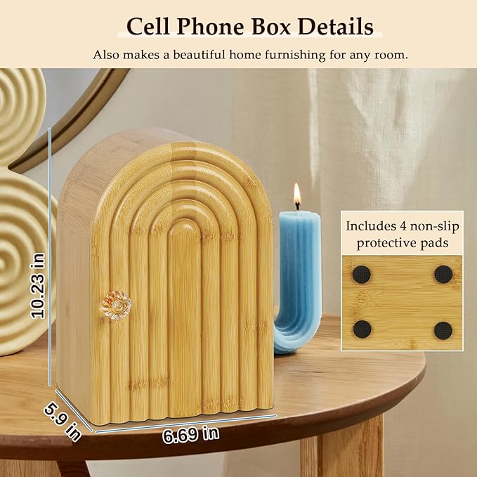 Lzttyee Phone Box for Family Time, Bamboo Cell Phone Jail, 3 Sections Hold 6 Phones, with Charging Holes, Phone Holder Self-Discipline Box, Help Kids Adults Focus Back, Mobile Phone Addiction (Wood)