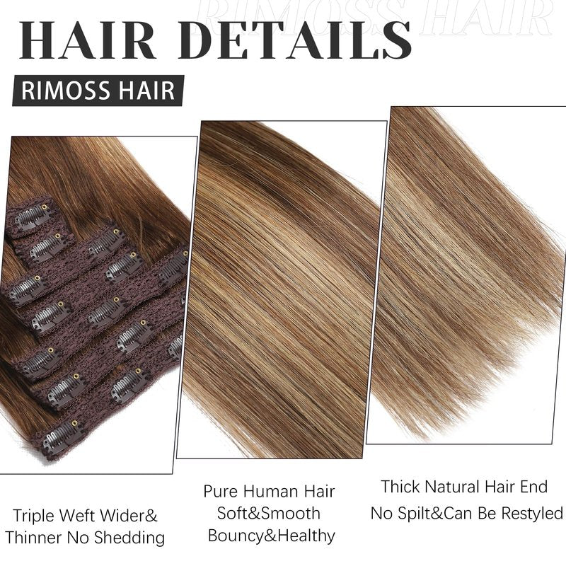 Rimoss Clip in Hair Extensions Real Human Hair - 14 Inch 7pcs, Ombre Chocolate Brown to Caramel Blonde Balayage Color - Soft Human Hair Clip in Extensions Straight for Women