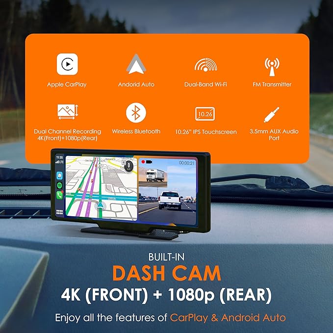 RexingUSA CPDuo Pro - 10.26" 4K Dash Cam with Wireless CarPlay & Android Auto, Touchscreen, GPS, Bluetooth, WDR, Night Vision, 170° Wide, Parking Mode