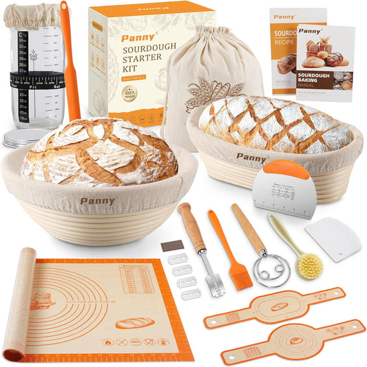 Panny Sourdough Starter Kit - Complete Bread Baking Supplies with Banneton Baskets & Glass Jar | 9" Round & 10" Oval
