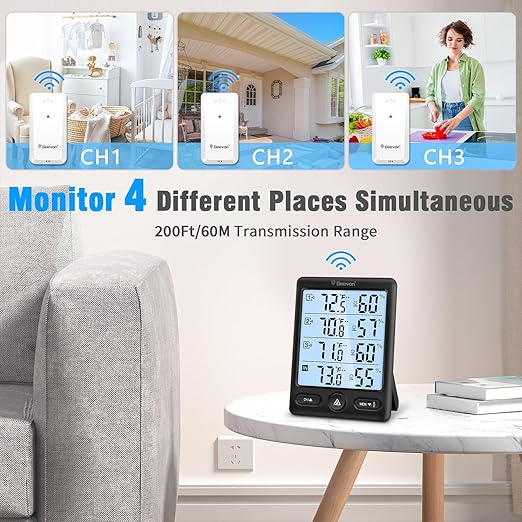 Geevon Indoor Outdoor Thermometer Wireless 3 Remote Sensors, 5-Inch Display Digital Hygrometer Thermometer Temperature Humidity Monitor with 8S Backlight, Battery-Powered