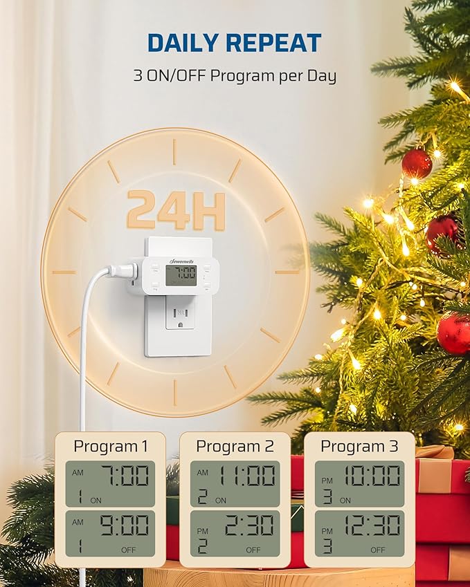 DEWENWILS 24 Hour Programmable Digital Timer Outlet, Timers for Electrical Outlets, Light Timer for Indoor Lamp Fan Aquarium, 1 Grounded Outlet, 125V/15A/1000W, 3 Prong, 1/2 HP, 1 Pack,White