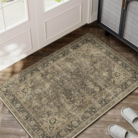 Skiennix 2x3 Washable Area Rug - Brown Vintage Non-Slip Soft Low Pile for Entryway & Kitchen Decor