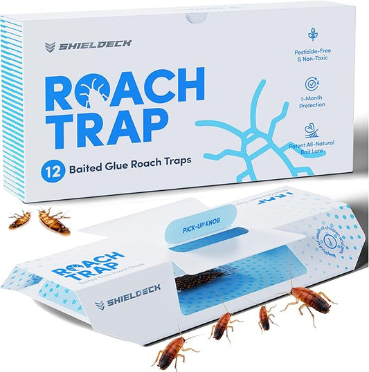 Shieldeck Roach Traps Indoor (12 Pack) â Non-Toxic Sticky Glue Traps for Roaches, Spiders & Crickets â Safe Roach Catcher for Home, Car, Apartment & Motel Pest Control