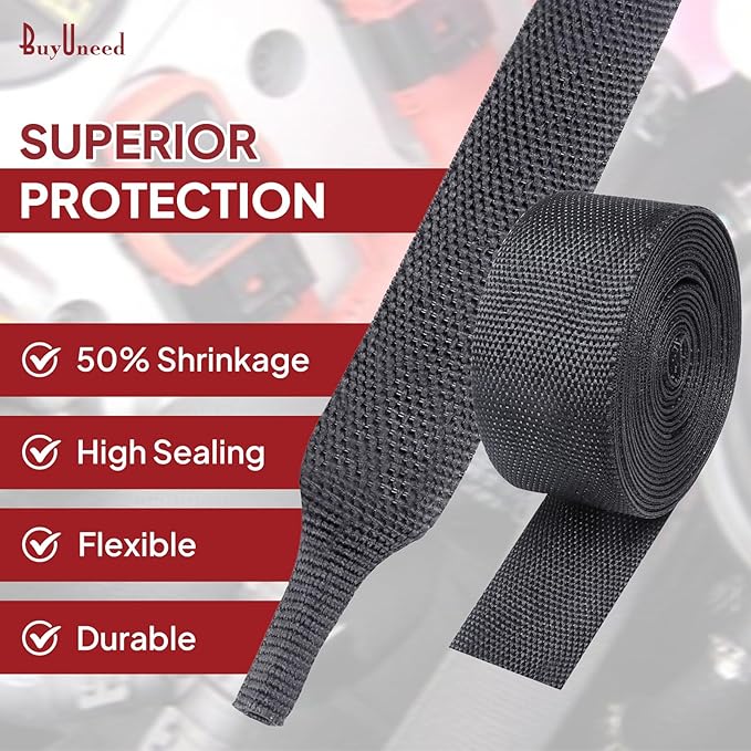 BuyUneed Heat Shrink Wire Loom 2:1 Shrinkable Braided Cable Sleeve 1-3/8 Inch ID-46ft Abrasion Protection Flexibility Fabric Wiring Harness Cover Sheath