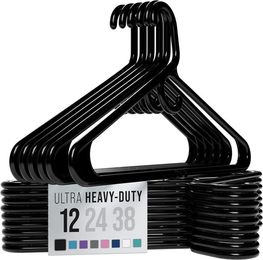 Neaterize Heavy Duty Black Plastic Clothes Hangers - 12 Pack for Coats, Jackets & Suits | Essential Closet Organizer