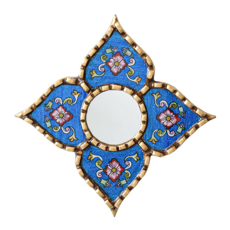 DecorContreras Peruvian Painted Glass Mirror with Bronze Leaf Framed - Handmade Diamond Mirror 6in for Gallery wall (Blue)