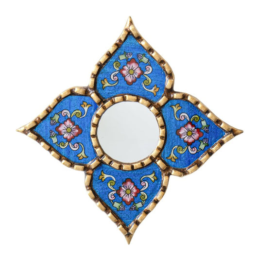 DecorContreras Peruvian Painted Glass Mirror with Bronze Leaf Framed - Handmade Diamond Mirror 6in for Gallery wall (Blue)