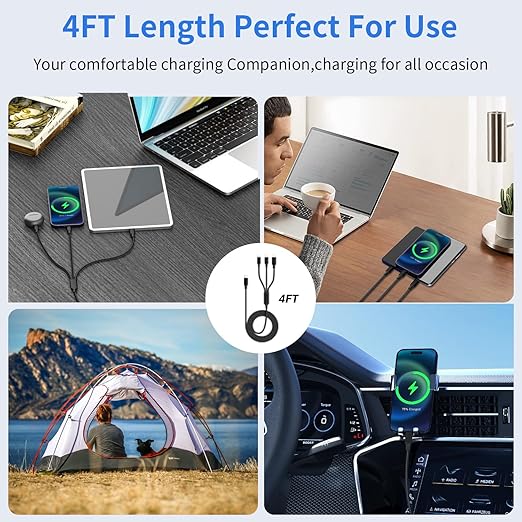 Travel Essentials,Dual Type-C 3 in 1 Multi Charging Cable, 4 FT Universal Charging Cables for All Devices, 2 USB-C/IP/Micro USB Port, Compatible with iPhone 17 16/15 Series/Phone/Tablet, Black