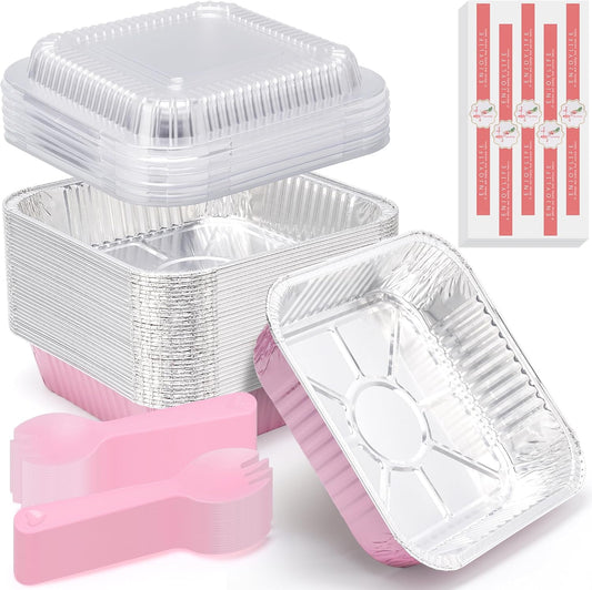 Regine Switzerland 35-Pack Pink 8x8 Inch Disposable Aluminum Foil Pans - Eco-Friendly Baking Trays with Lids & Stickers