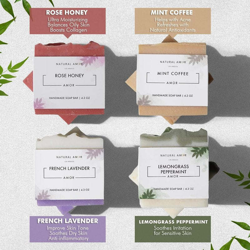 Handmade Soap Bar Set - Natural Ingredients | Moisturizing Cold Process Bars for Spa Self-Care Gift (4 Pack)
