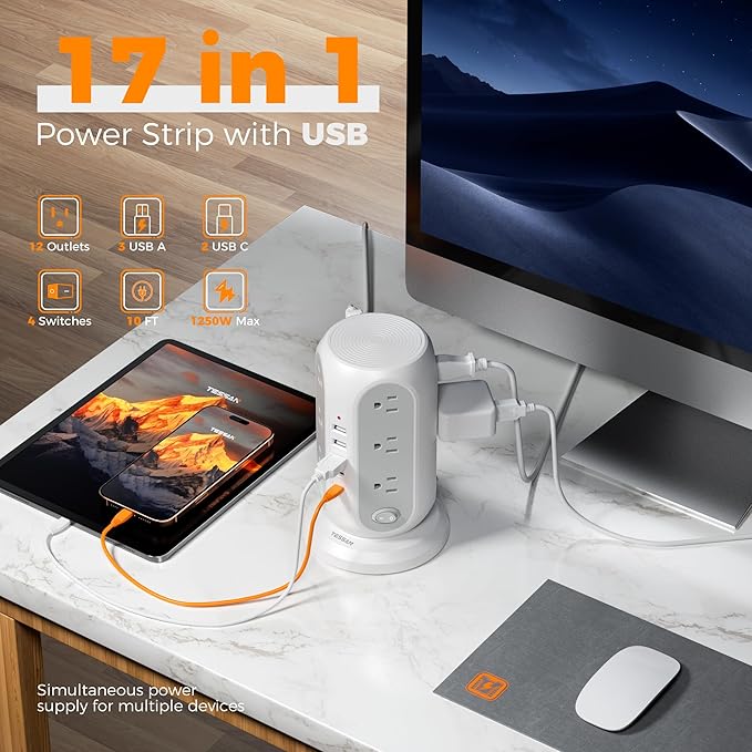 TESSAN Tower Power Strip with Individual Switches, Surge Protector with 12 Outlets, 5 USB Ports(2 USB C), Flat Extension Cord 10 Ft, 1250W, Charging Station for Multiple Devices, Office, Dorm, Grey