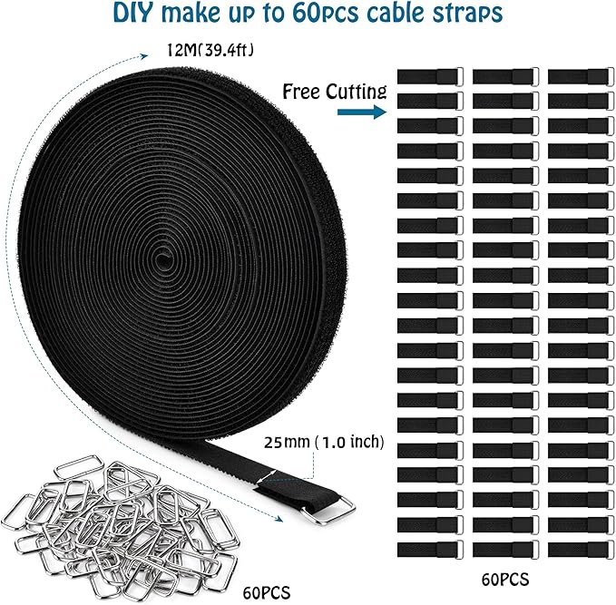 Nettbe 1"x39.4ft Hook and Loop Straps with 60 Buckles Adjustable Cut-to-Length Cable Ties Roll- Reusable Nylon Fastening Tape Cable Straps for Storage or Organization (1in x 39.4ft)