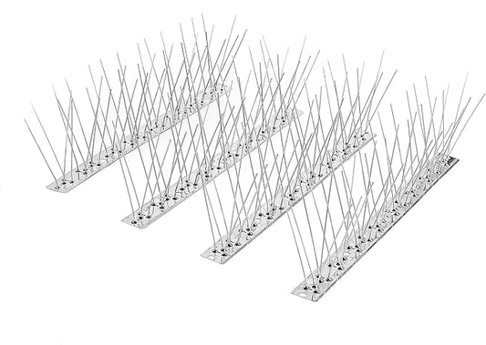 BUGGOFF Bird and Rodent Spikes, 4.5" Tall 10" Long Stainless Steel Anti-Bird Deterrent Strips, Silver, Professional Pest Control for Roofs, Fences, Ledges (100 Pieces / 83.3 Feet)
