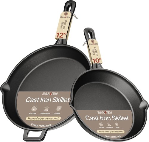 Bakken Cast Iron Skillet Set - 10" & 12" Pre-Seasoned Frying Pans with Easy-Grip Handles | Versatile for Stove, Oven & Grill