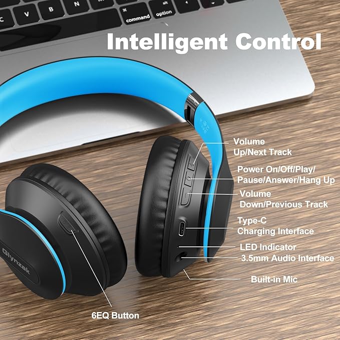 Glynzak Wireless Bluetooth Headphones Over Ear 65H Playtime HiFi Stereo Headset with Microphone and 6EQ Modes Foldable Bluetooth V6.0 Headphones for Travel Smartphone Computer Laptop