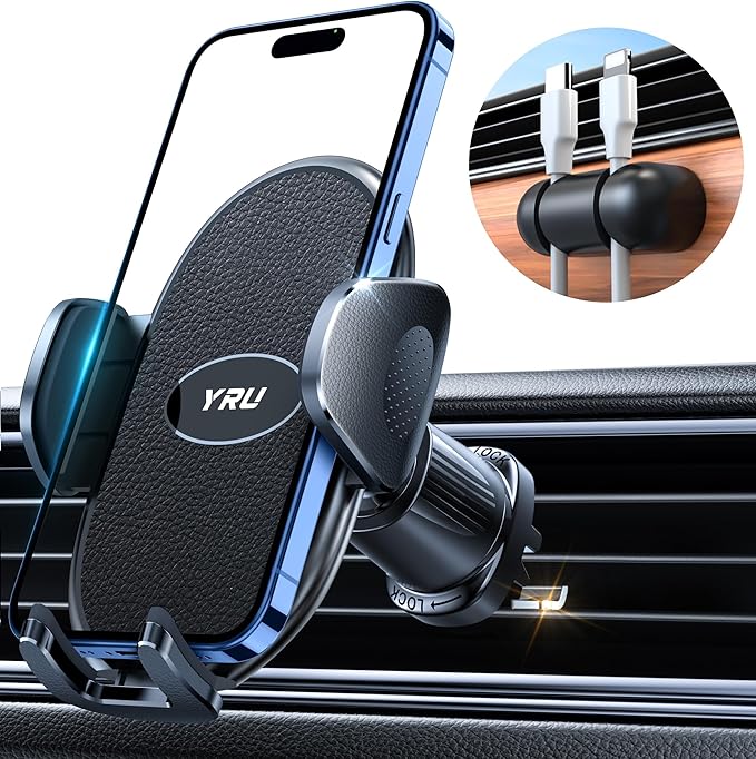 YRU Phone Holders for Your Car [2026 Upgraded Military Metal Hook], Cellphone Holder Car[No Fear of Bumps] Vent Phone Mount Truck Compatible with iPhone17 16 15 14 13 12 Samsung Android, Jet Black