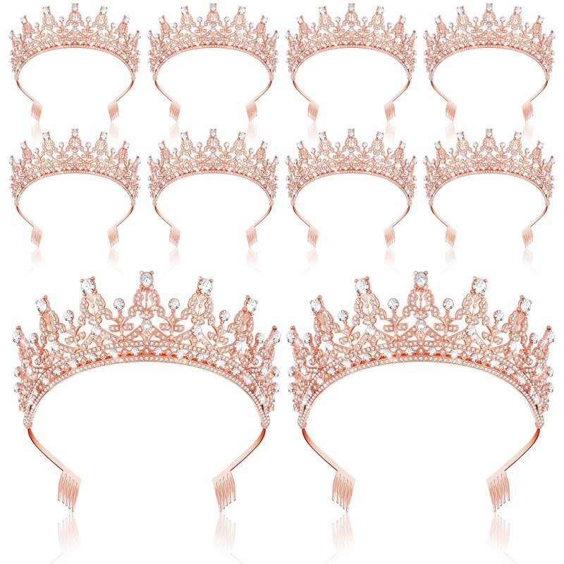 Wavyknot 10 Pieces Crown Tiara for Women Crystal Headband with Comb Princess Rhinestone Queen Crown Bridal Hair Accessories Jewelry for Women Prom Birthday Party Wedding Gifts(Rose Gold)