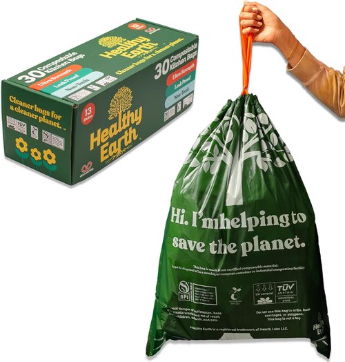 Healthy Earth 13 Gallon Compostable Trash Bags - Heavy Duty Leak-Proof Kitchen Liners | 30 Count