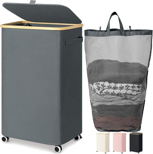 Goodpick Laundry Basket - Large Rolling Hamper with Wheels & Removable Wash Bag | 100L, Gray