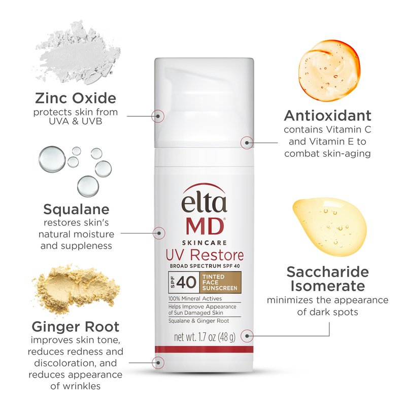 EltaMD UV Restore Tinted Sunscreen for Face SPF 40, Tinted Mineral Sunscreen for Sun Damaged Skin Repair Face, Anti Aging Zinc Oxide Moisturizer Formula, 1.7 oz