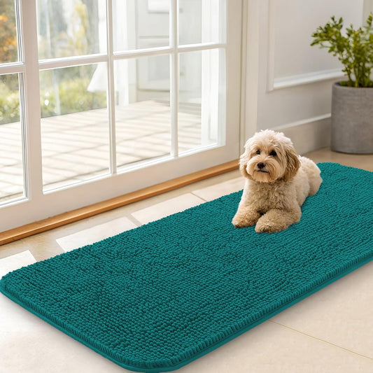 OLANLY Dog Door Mat - Absorbent Non-Slip Washable Chenille Mat for Muddy Paws | 47x20, Lake Blue