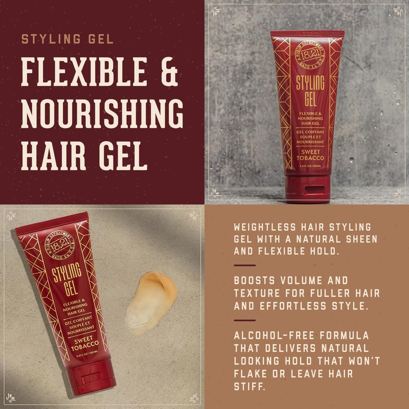 18.21 Man Made Hair Styling Gel for Men, Weightless All-Day Flexible Hold, 3oz. Original Sweet Tobacco Scent