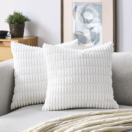 Volcanics Decorative Throw Pillow Covers - Pack of 2 Soft White Corduroy 18x18 Inch Cushions | Modern Farmhouse Decor