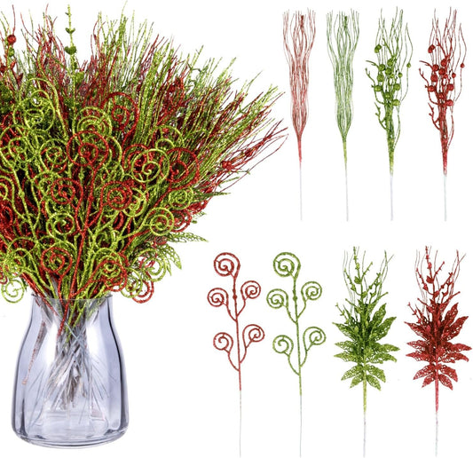 Regine Switzerland Glitter Christmas Tree Picks - 48 Pack 17'' Red & Green Curly Decorations for Holiday Decor
