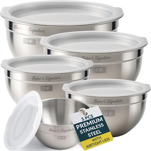 Baker's Signature Stainless Steel Mixing Bowls - Set of 5 Nesting Bowls with Lids | Dishwasher Safe, 0.5-5 Qt