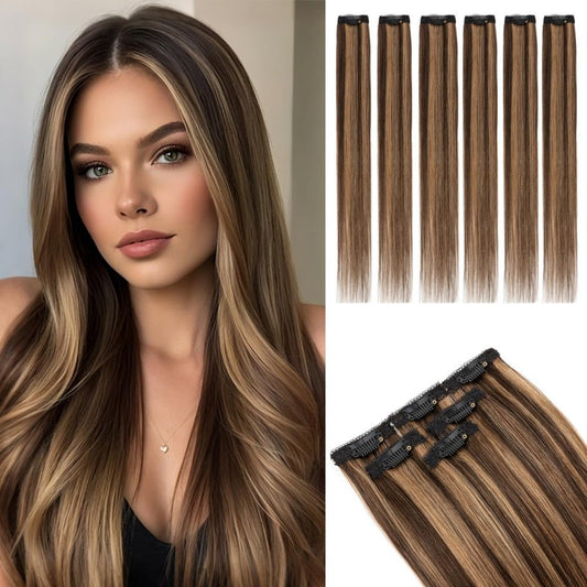 Rich Choices Real Human Hair Clip In Extensions-6 Pcs Single Clip Design-Invisible Clip in Extensions for Thin Hair-Hairpieces for Women/Men-14 Inches #2RP6 Chocolate Brown Highlight Light Brown