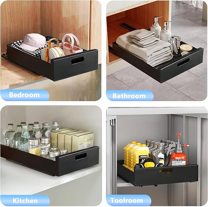 21'' Deep Pull Out Drawers for Cabinets, 10'' Wide Sturdy Carbon Steel Pull Out Cabinet Organizer Adhesive, Pantry Storage Shelves for Kitchen, Bathroom and Living Room