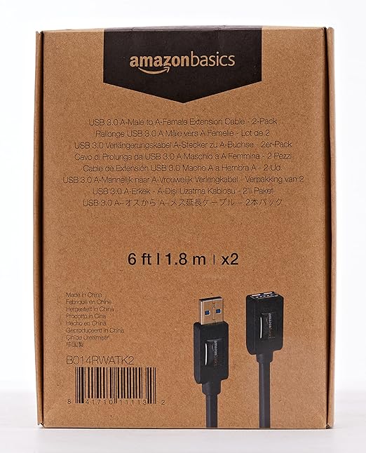 Amazon Basics 2-Pack USB 3.0 Extension Cable, A-Male to A-Female, 4.8Gbps High-Speed, Gold-Plated Connectors, 6 Foot, Black